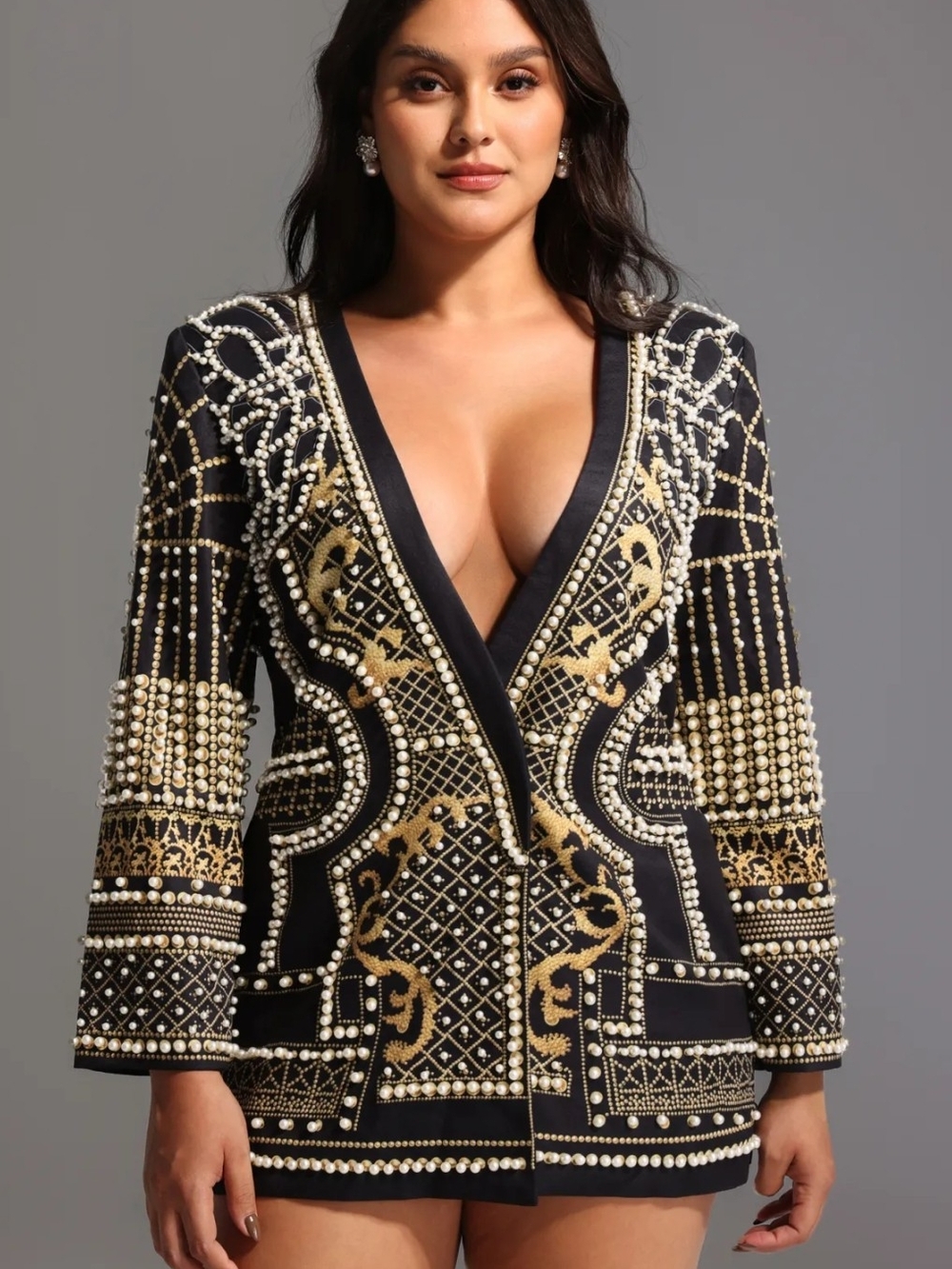 Embellished Black & Gold Maxi Dress with Pearl Detailing